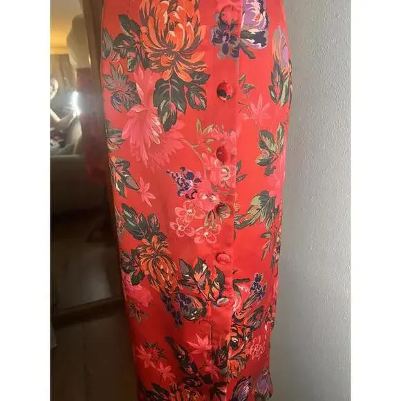 Vibrant Red Floral Midi Skirt with Button Detail - Picture 1 of 5
